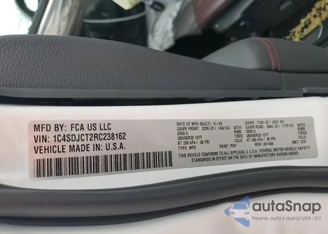 2024 Dodge Durango R/T из США, поврежденный, VIN 1C4SDJCT2RC238162